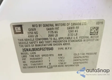 2015 Chevrolet Equinox 1Lt z USA, uszkodzony, nr VIN 2GNALBEK5F6278949